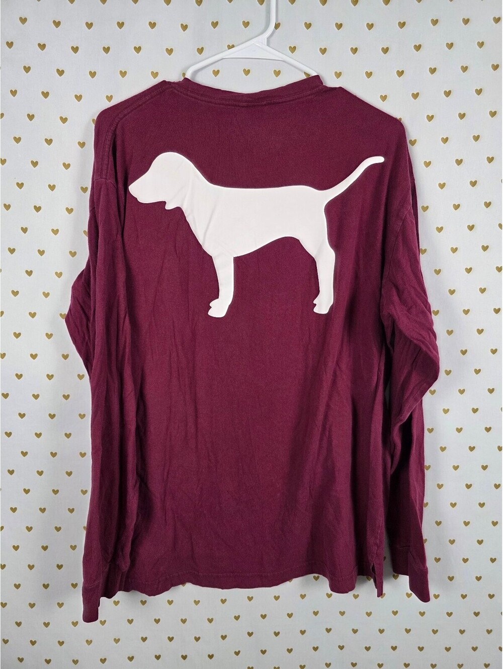 Victorias Secret PINK Maroon Dog Logo Pocket Tee shirt Long Sleeve LARGE